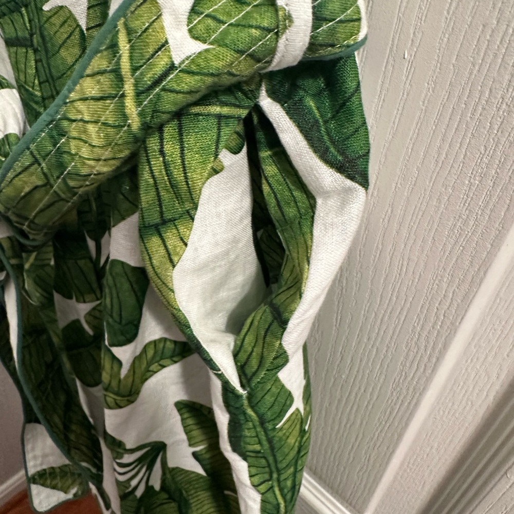 FARM Rio Tropical Green Leaf Jumpsuit, Palm Fan Linen Wide-Leg Has 2 side pocket - Picture 11 of 12
